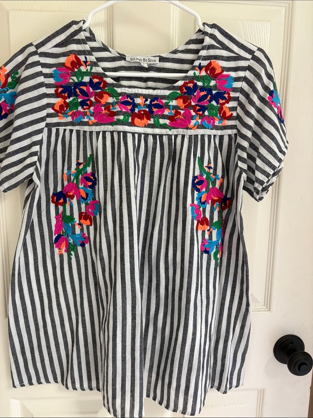 Striped Embroidered Floral Tunic - Black & White with Bright Floral Accents